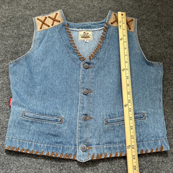 Sap Man Denim Vest Womens Size Medium Leather Trim Lace Detail Southwest Cowgirl - Picture 7 of 13